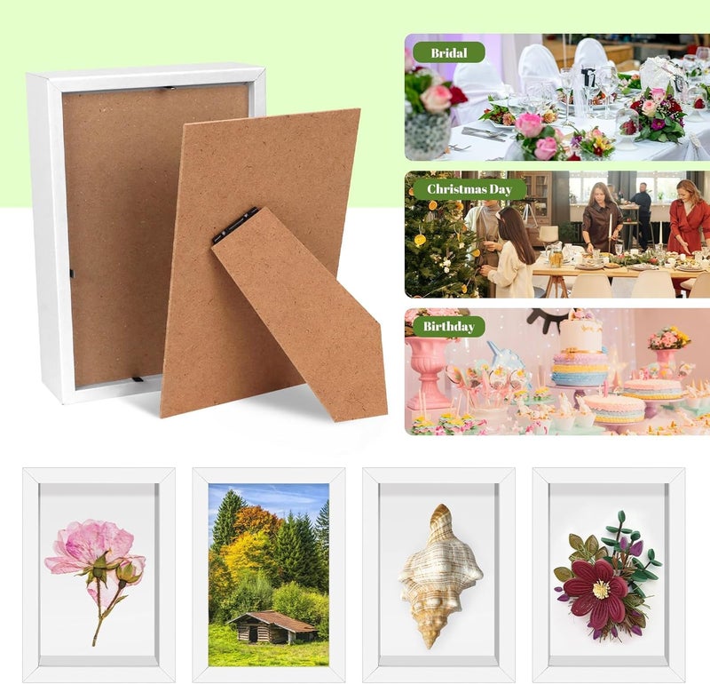 VOKOY 5 عبوات إطار صندوق ظل 4" × 6"، إطار صور خشبي صغير مجوف مع واجهة أكريليك شفافة، صناديق عرض صندوق ظل بعمق 1" للصور والزهور المجففة وقواقع البحر والتذكارات والحرف اليدوية والميداليات (أبيض) - Image 5